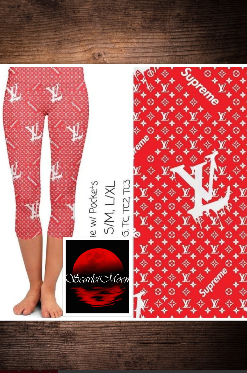 Red & White LV  Capri, Yoga Band & Pockets!