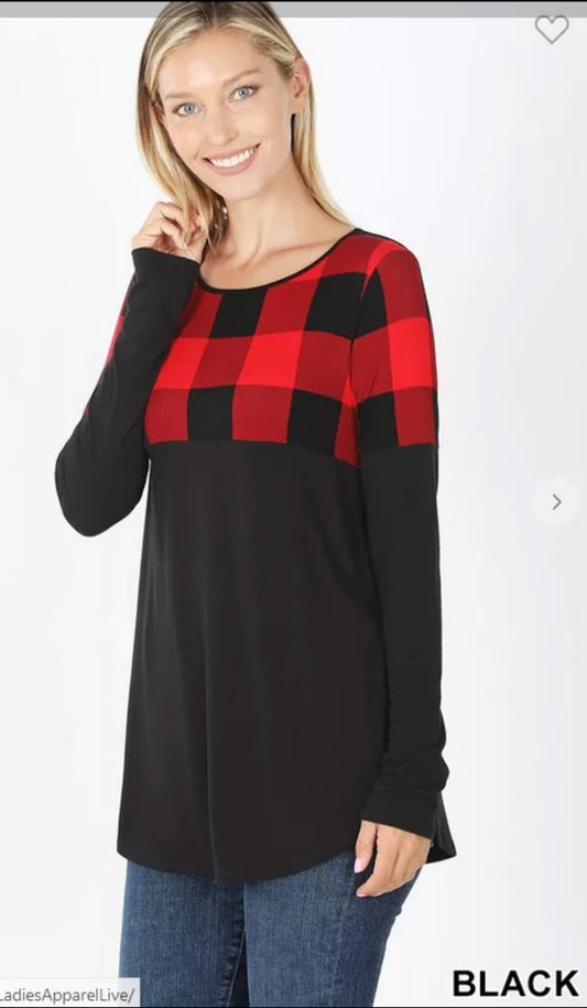 Plaid and Black Color Block, Long sleeve Top. Soft and Stretchy! Runs Big.