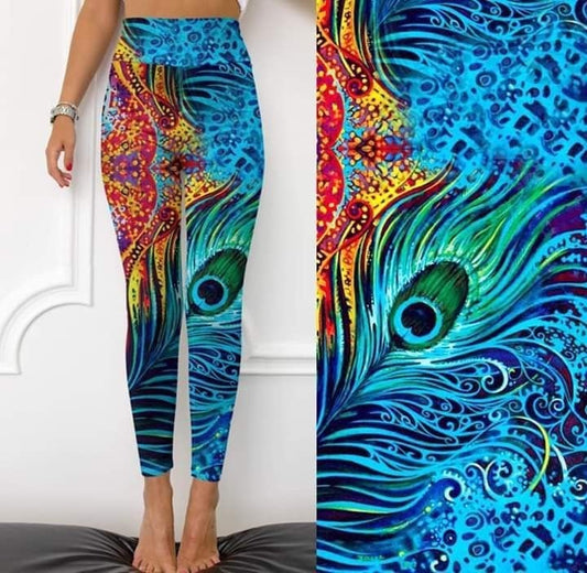 Peacock Feather Design Leggings, Yoga Band, Soft Material