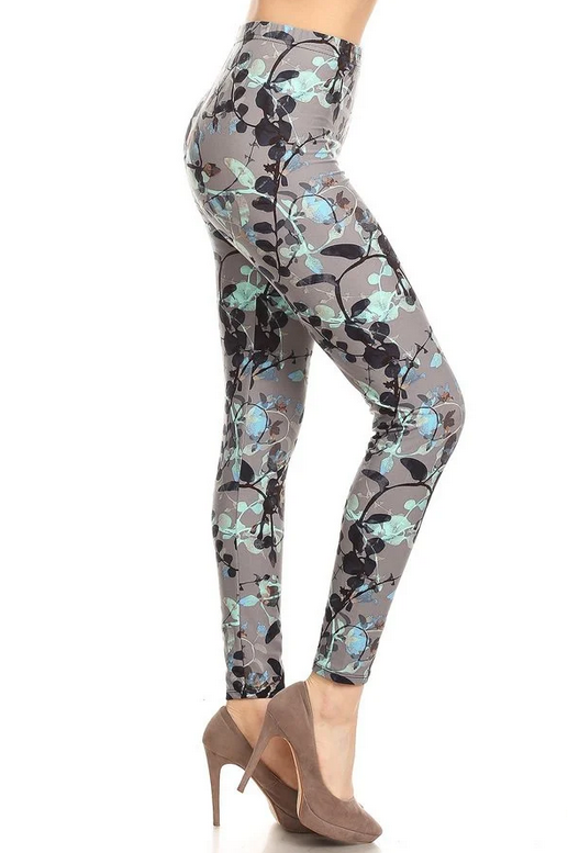 Secret Garden Leggings, Grey and Light Blue, Elastic Band