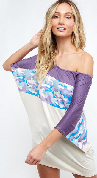 Soft, Stretchy, Oversized Ivory/Lavender/Blue Block Camouflage Top. Made in the USA.