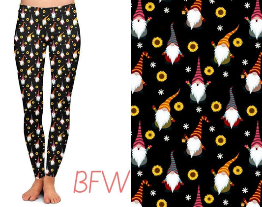 Gnomes & Sunflowers Leggings with Pockets. Hyper Stretch and softness! Yoga Band.