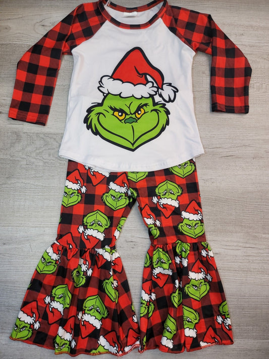 ONLY 4T LEFT! ADORABLE STRETCHY & COMFY KIDS GRINCH OUTFIT! Bell Bottoms & Raglan top!