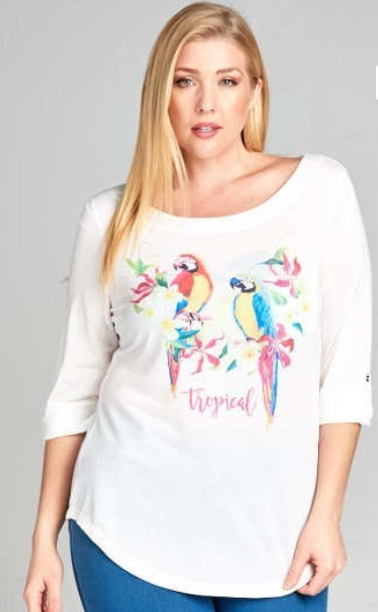 Colorful Print on White top Tropical Parrot 3/4 Sleeve Top. Size up.