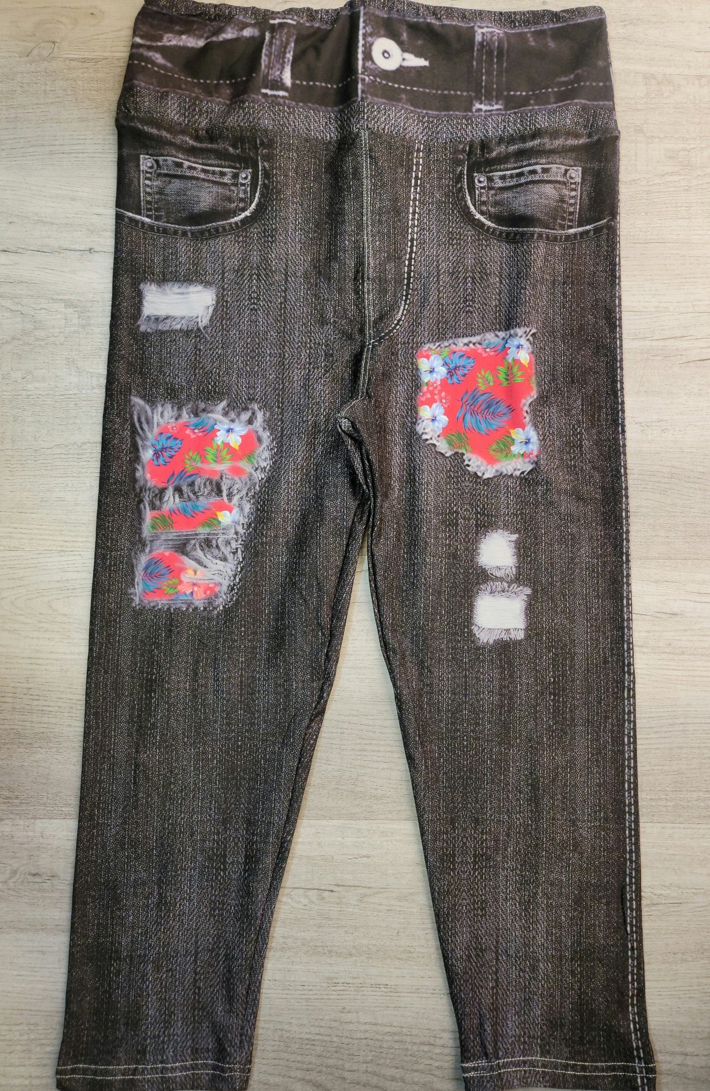 Hawaiian Floral Black Denim Jegging. High Waist, Yoga Band, Very Soft and Stretchy!