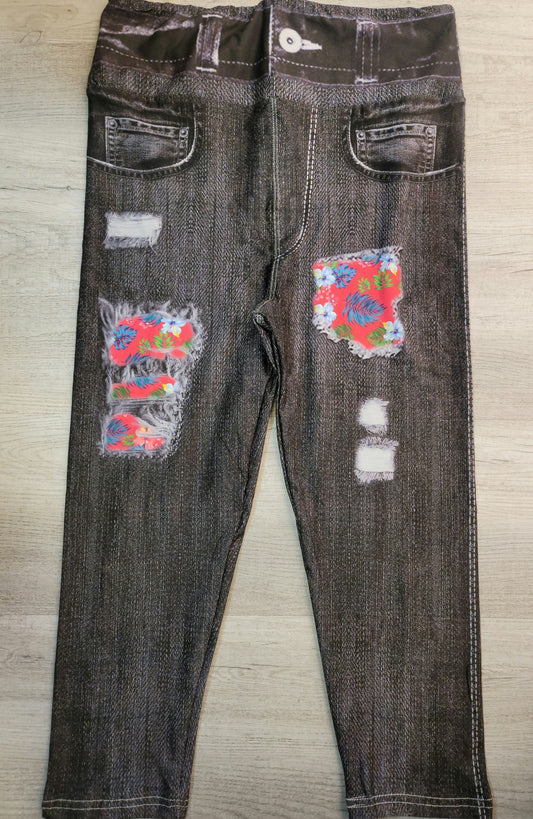 Hawaiian Floral Black Denim Jegging. High Waist, Yoga Band, Very Soft and Stretchy!