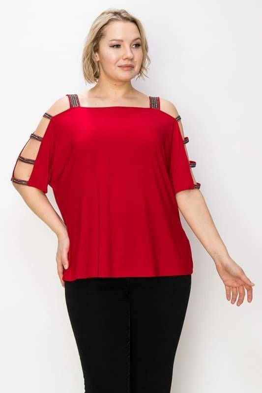 Plus Size, Stunning jeweled Ribbed Open Sleeve Top Black or Red