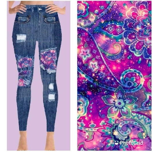 Blue Sparkleing Flower Denim Print Jeggings. Yoga Band. Extra Soft and stretchy!