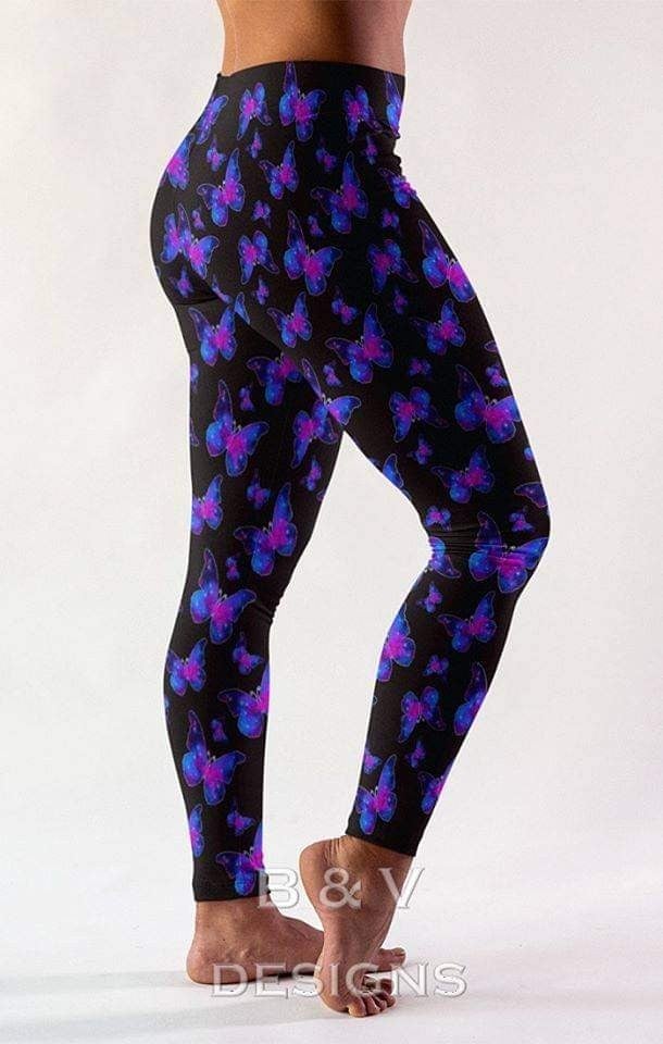 Black with Purple/Pink Butterfly Leggings, Yoga Band, Soft Material