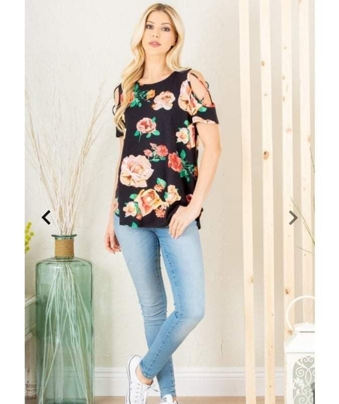 Stretchy Black Floral Cold Shoulder Top