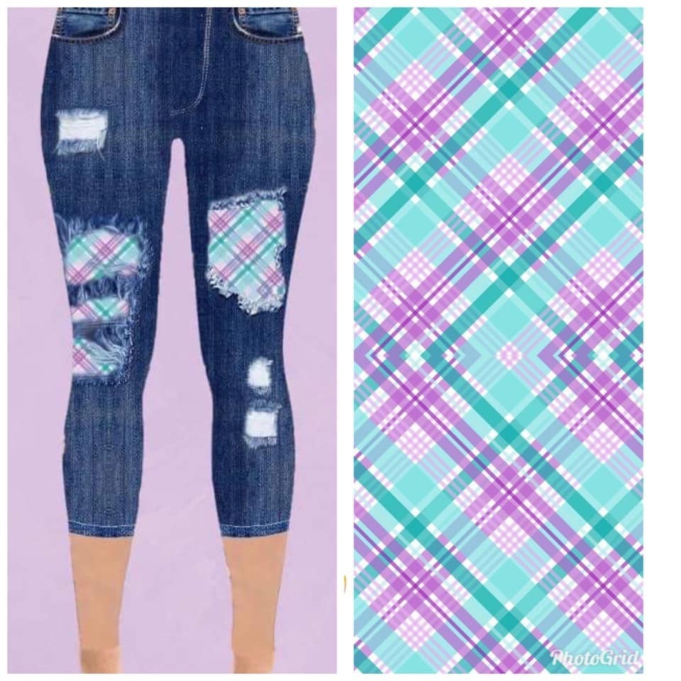 Denim Print Capri Teal & Purple Plaid Peek a Boo Jeggings. High Waist, Extra Stretch and Softness.