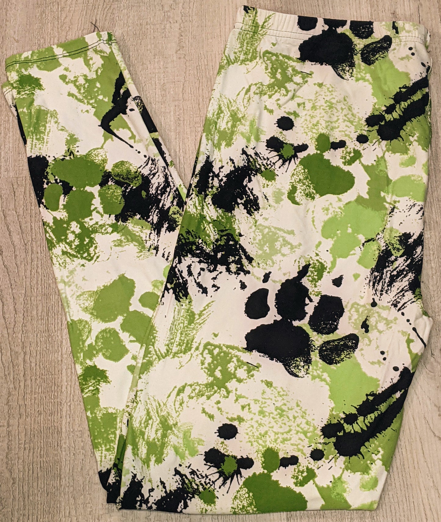 Green & Black Paint Paw Prints Leggings, Extremely Soft, Hyper Stretch, Elastic Band