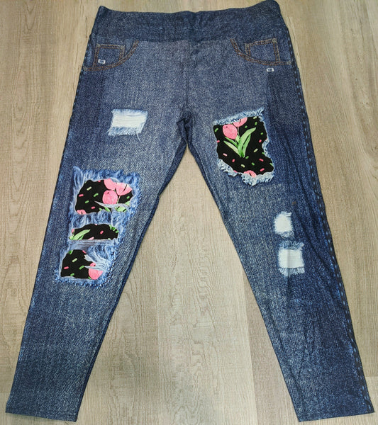 Denim Print Tulip Peek-A-Boo Leggings, Extra Soft, Yoga Band