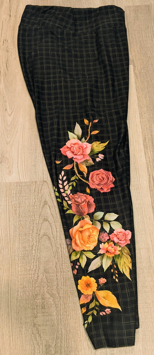 Asymmetrical Floral Green & Black Plaid Leggings, Extra Soft, Yoga Band