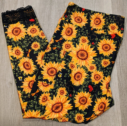 Black Lace Bottom Sunflower Leggings, Extra Soft, Yoga Band