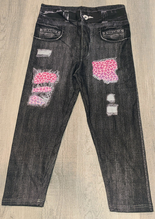 Denim Print Pink Leopard Peek-A-Boo Capri, Extra Soft, Yoga Band