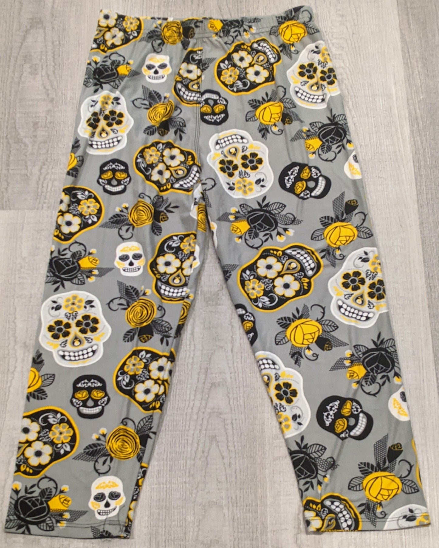 Yellow Sugar Skull Grey Background Capri, Extremely Soft, Elastic Band