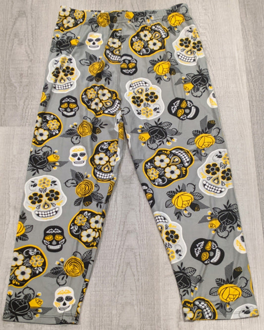 Yellow Sugar Skull Grey Background Capri, Extremely Soft, Elastic Band