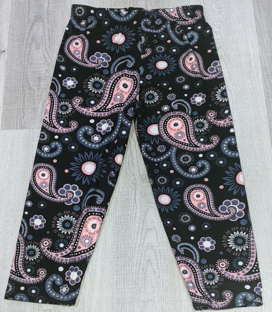 Blue & Pink Paisley Black Background Capri, Extremely Soft, Elastic Band