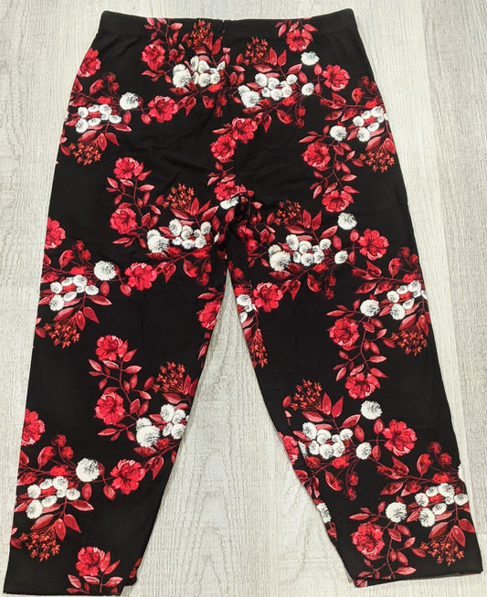 Red & White Floral Black Background Capri, Extremely Soft, Elastic Band