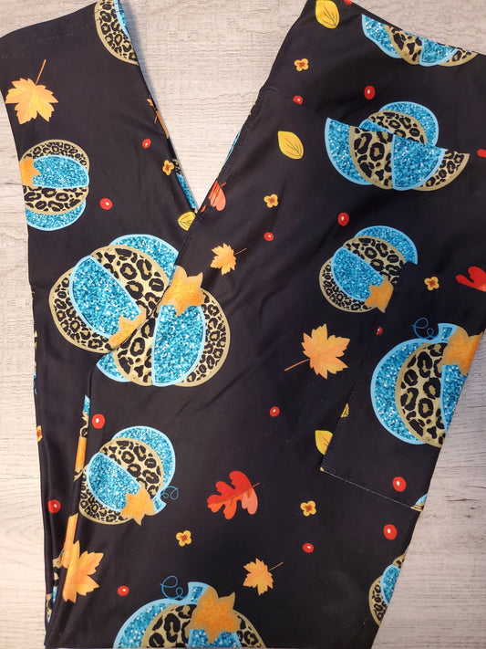 Teal/Leopard Pumpkin with falling Leaves with Pockets