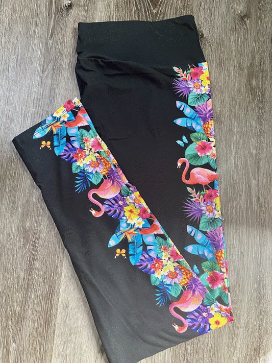 LAST PAIR LEFT TC (fits 14-22) Beautiful Floral & Flamingos. Black Background Designer Leggings.