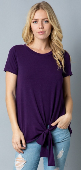 Soft & Stretchy Dark Plum Tunic Top with Knotted Front Hem
