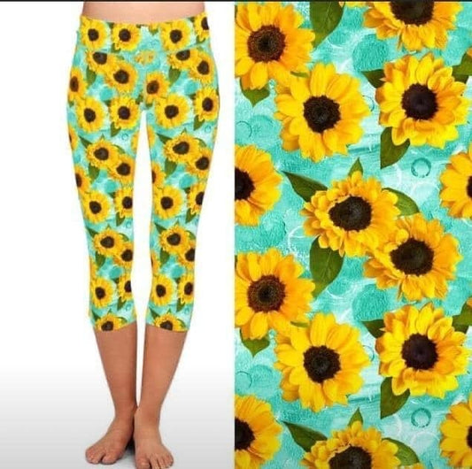 Ice Blue Sunflower CAPRI.  Yoga Band, Very Soft and Stretchy!