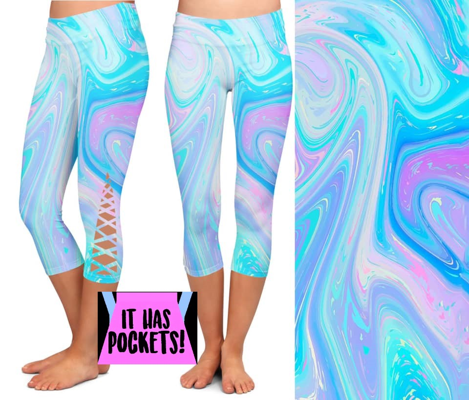Pastel Marble CRISS CROSS CAPRIS with Pockets, Yoga Band, Soft and Stretchy