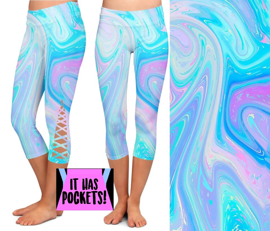 Pastel Marble CRISS CROSS CAPRIS with Pockets, Yoga Band, Soft and Stretchy