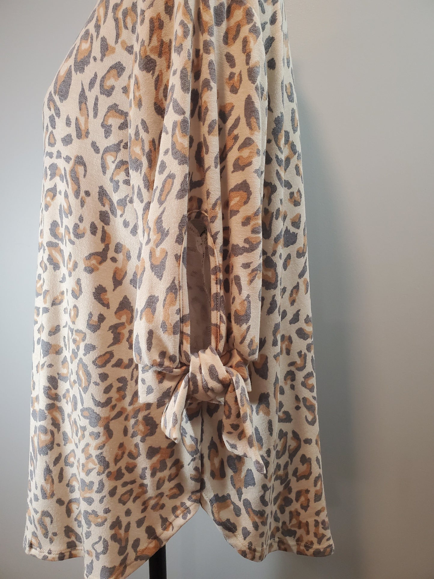 Plus Only Flirty Leopard Print Top, French Terry, 3/4 Sleeve with Tied Knot.