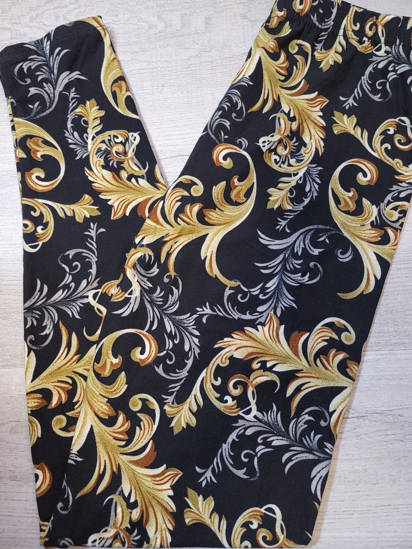 Beautiful Black & Paisley Gold Soft & Stretchy Elastic Band Leggings