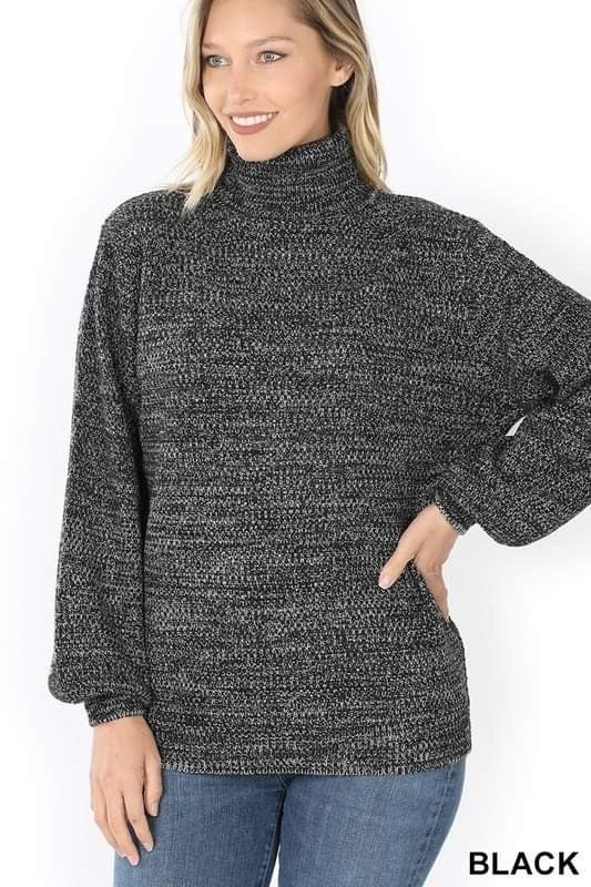 Loose Turtleneck Balloon Sleeve Soft Stretchy Sweater - Zanana