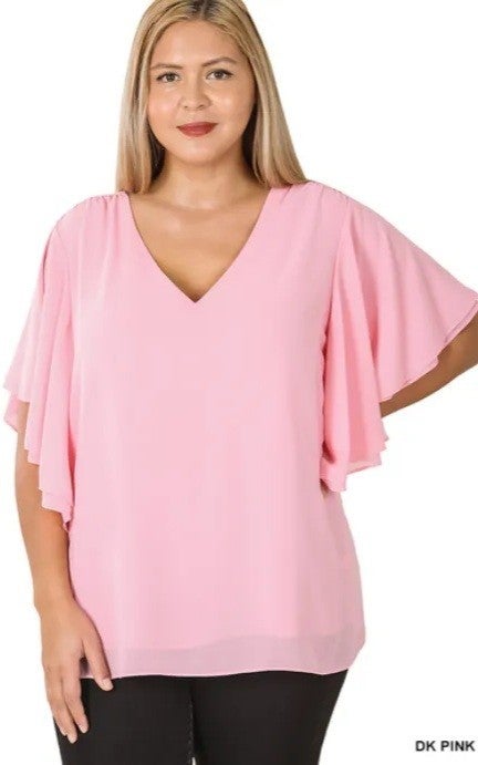 PLUS ONLY Beautiful Chiffon sheer Ruffled Sleeve Top, LAST 2X PNK