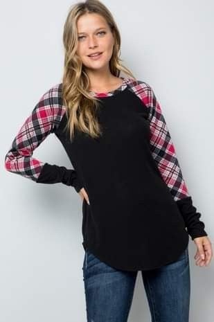 Plaid & Black Contrast Raglan & Cuff Long Sleeve Top