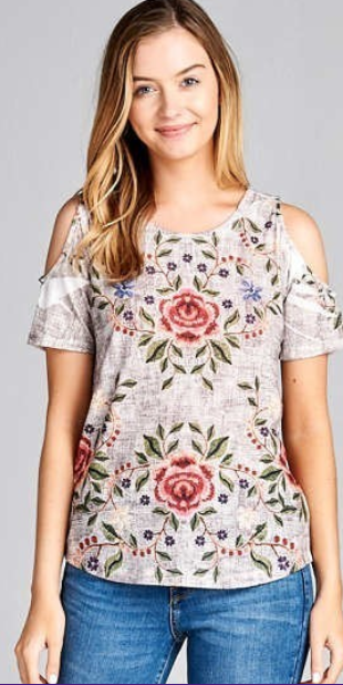 S/M/LG Cold Shoulder Short Sleeve Floral Top