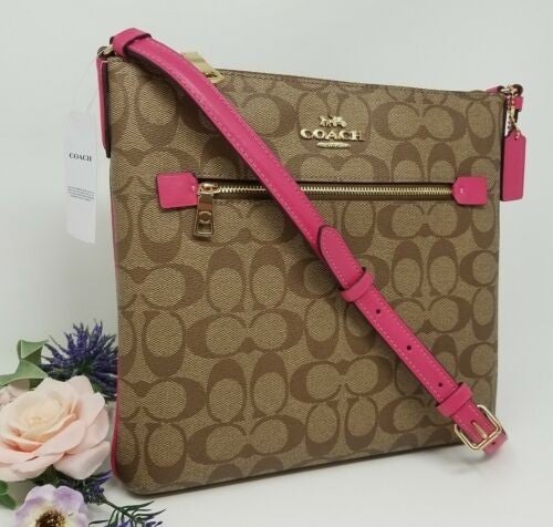 Coach Signature Logo Crossbody Rowan, Khaki with Pink Trim, Outer zipper pocket and inner pocket