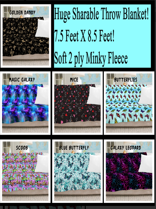 Huge Sharable Throw Blanket! 7.5 Feet X 8.5 Feet! Perfect for family movie nights or snuggling with your honey! Soft 2 ply Minky Fleece. Easy Machine Washable!