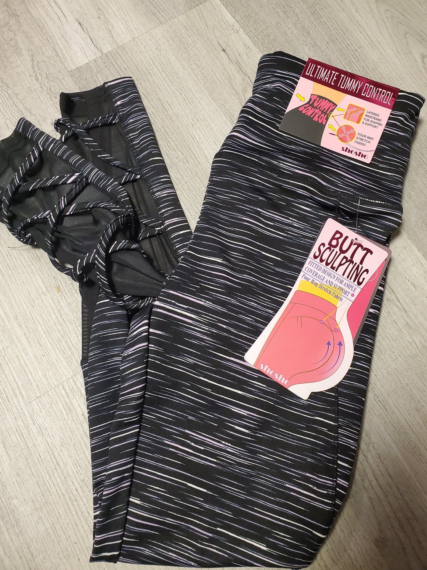 Tummy Control, Butt Sculpting, Black/Lavender/White Strip Criss Cross Calf Leggings with Pockets