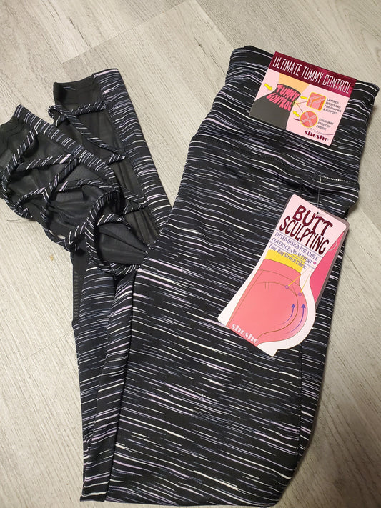 Tummy Control, Butt Sculpting, Black/Lavender/White Strip Criss Cross Calf Leggings with Pockets