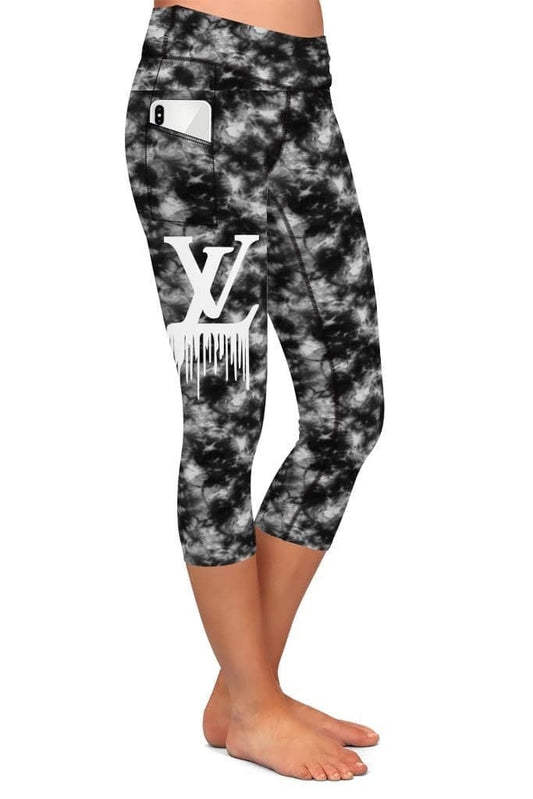 LV Tie Dye Designer Capri With Pockets! High Waist, Yoga Band, Very Soft and Stretchy!