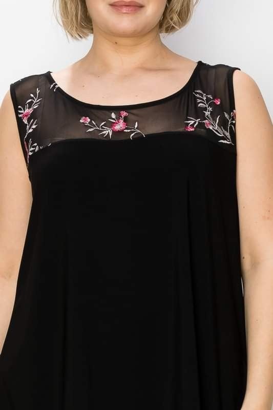 Gorgeous Floral Plus Size Embroidery Mesh Yoke Sleeveless Tank - Solid poly span knit fabric - Lightweight and stretchy - Round neckline