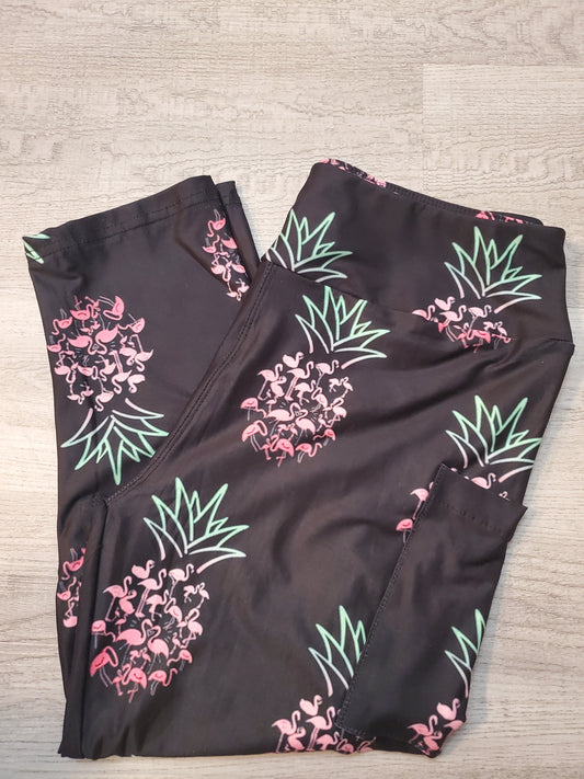 Adorable Flamingo Pineapple CAPRI with Pocket. High Waist, Extra Stretch and Softness.