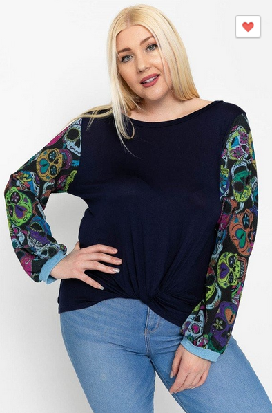 Only 1X Left! Black Top with Colorful Sugar Skulls Sleeves and Knotted Hemline. Made in the USA.