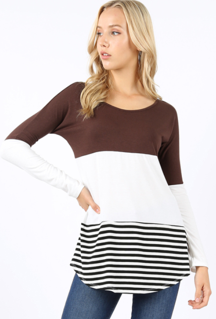 Sm-XL Premium Soft Block Color with Stripes Long Sleeve Premium Soft Tunic