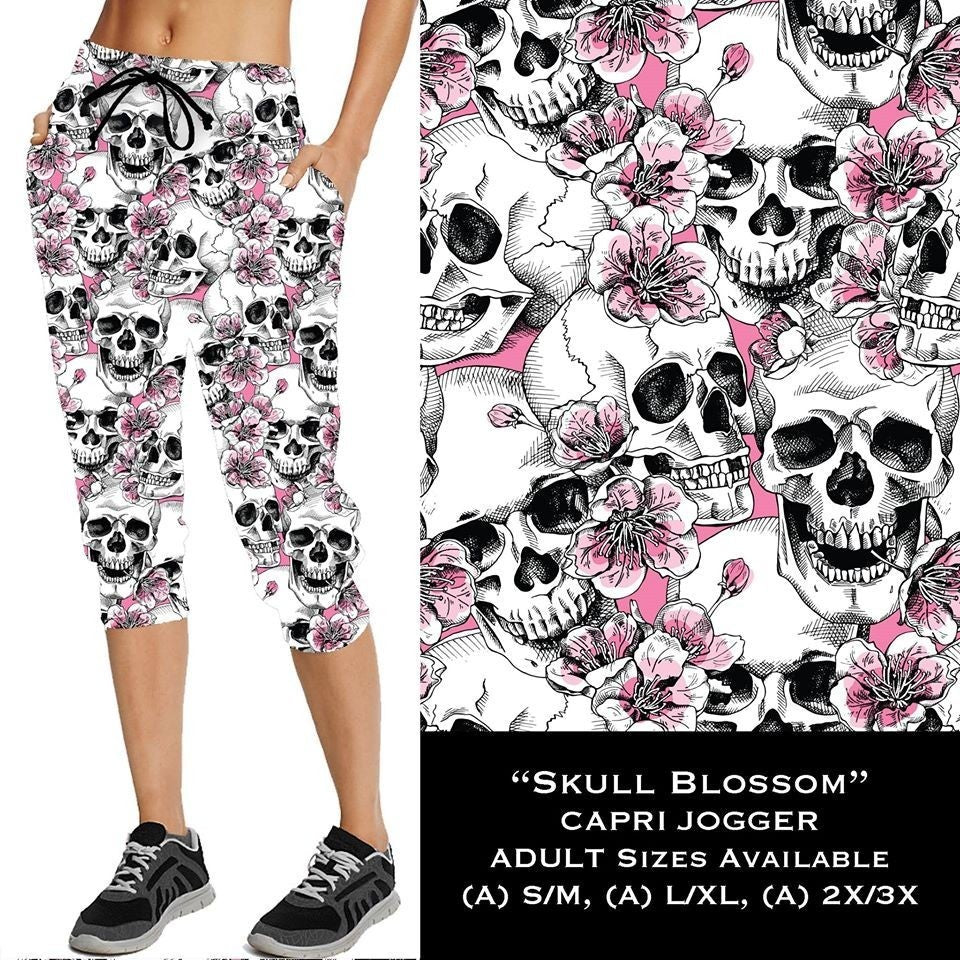 Floral Skulls CAPRI Joggers, Draw String and Elastic band. Hyper Stretch and Softness.