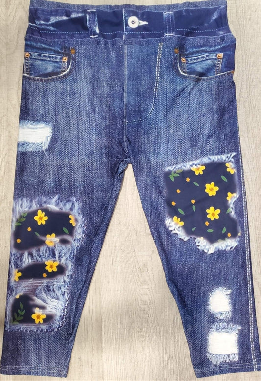 Denim Print Jeggings CAPRI Yellow Flowers. High Waist, Super Soft and Stretchy!