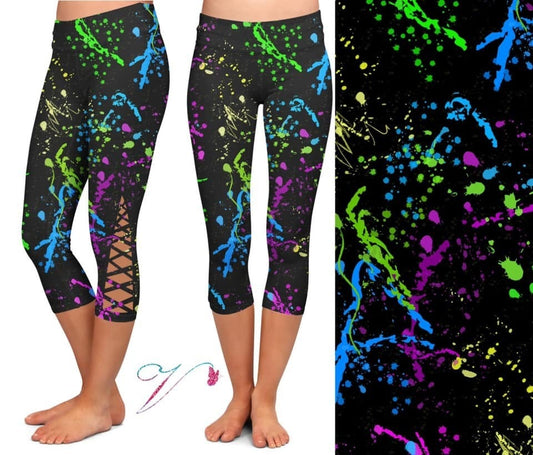 Criss Cross Paint Splatter Fun CAPRI. High Waist, Yoga Band, Very Soft and Stretchy!