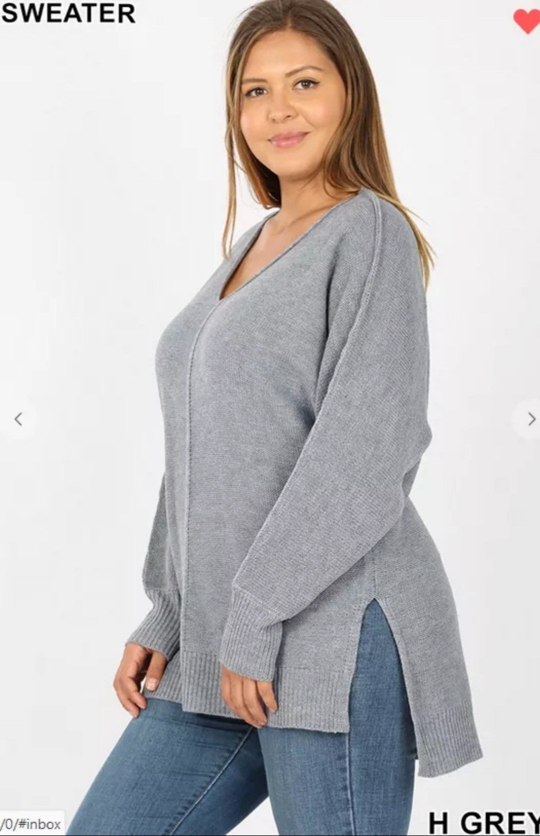 RIBBED TRIM SEAM DETAILED V-NECK SWEATER  - FRONT, SIDE & BACK SEAM DETAIL Hi Low runs 2 sizes BIG