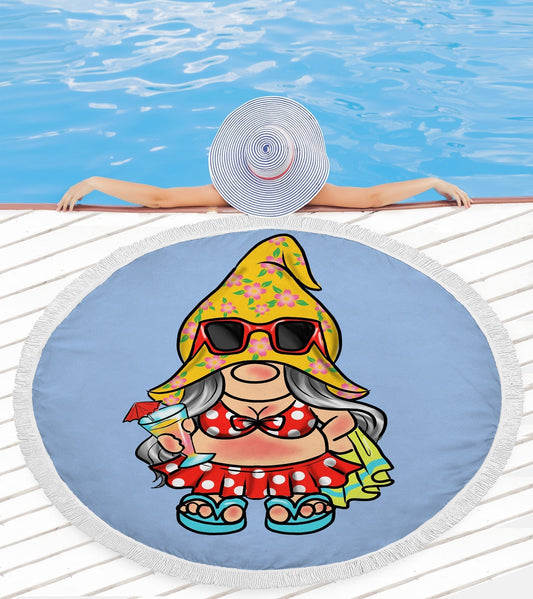 Beach Lady Gnome Custom Towel! Five Feet Diamenter Round Poly/Cotton Terry Cloth Towel